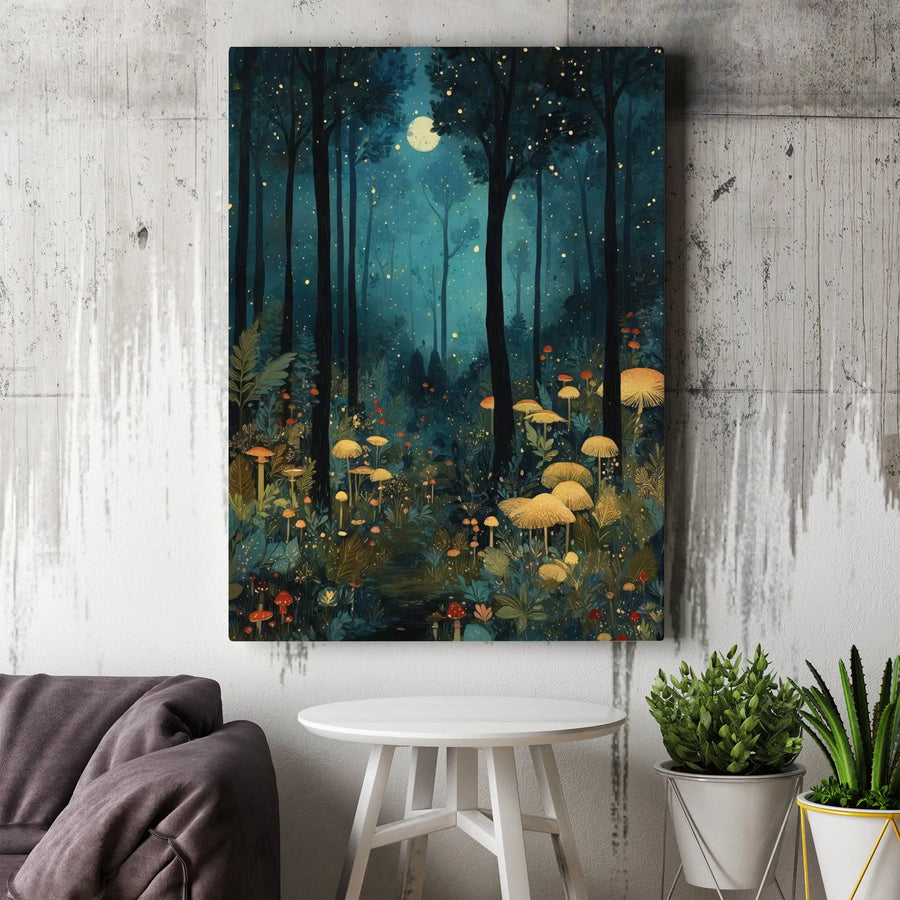 Enchanted Mushroom Forest Canvas | Whimsical Night Forest Art with Fireflies | Premium 1.25" Gallery Wrap | Nature Wall Decor Gift