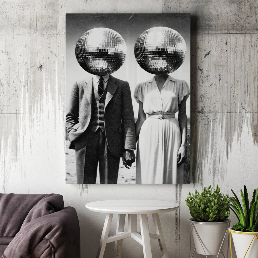 Surreal Disco Ball Head Couple Canvas Print | Vintage Aesthetic Wall Art | Premium Gallery Wrapped Decor | Unique Gift For Music Lovers