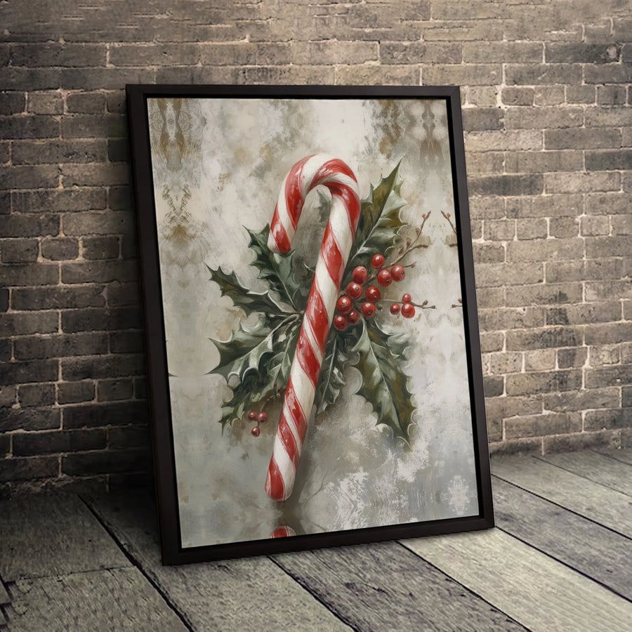 Christmas Candy Cane Canvas Wall Art | Vintage Style Holly Berries Print | Premium 1.25-Inch Gallery Wrap | Festive Holiday Home Decor Gift