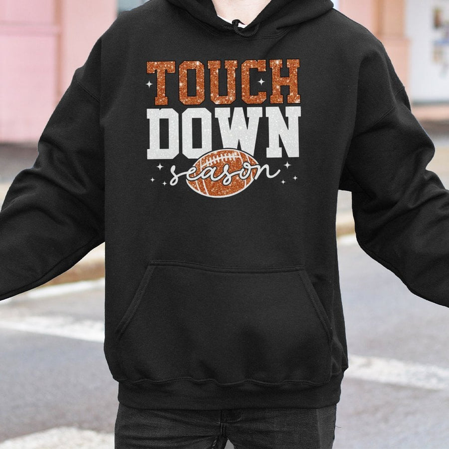 Touchdown Season Hoodie | Glitter Football Game Day Graphic | Premium Cotton Blend | Gift for Football Fans Women & Men