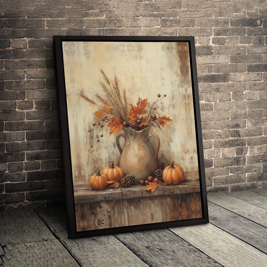 Autumn Still Life Canvas Print | Rustic Pumpkin & Wheat Harvest Decor | 1.25-Inch Gallery Wrap | Seasonal Farmhouse Home Wall Art