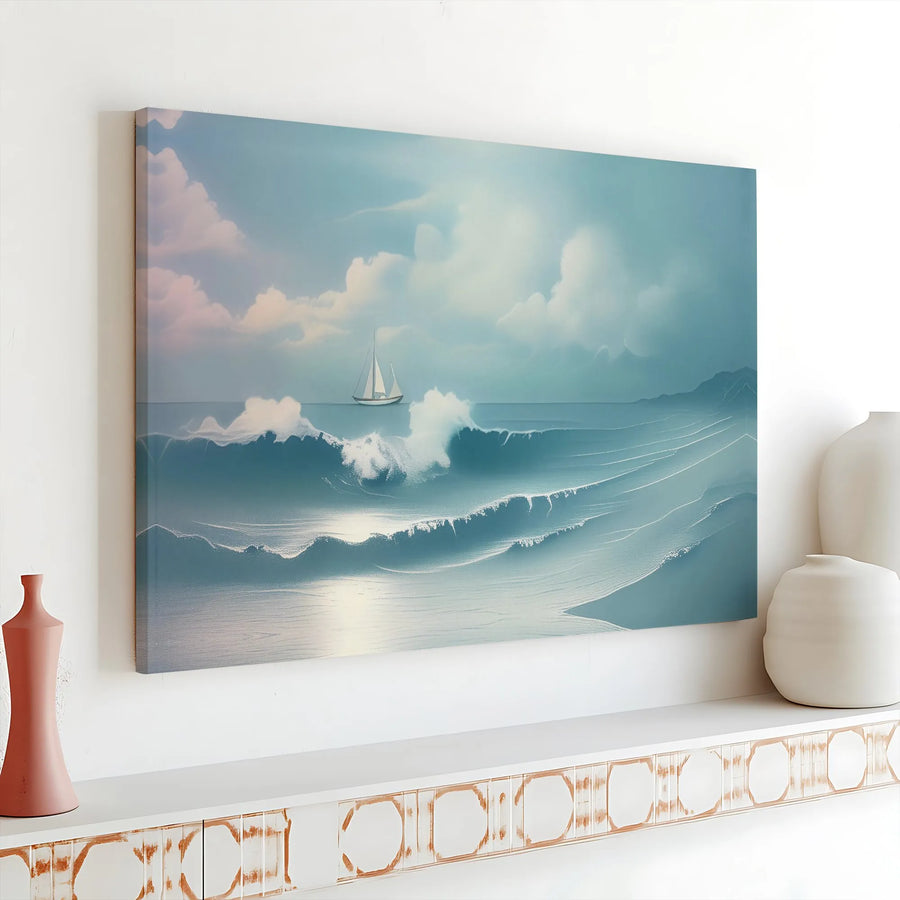 Coastal Seascape Canvas Art | Sailing Ship Ocean Waves Print | 1.25-Inch Gallery Wrap | Serene Beach Wall Decor for Living Room Office