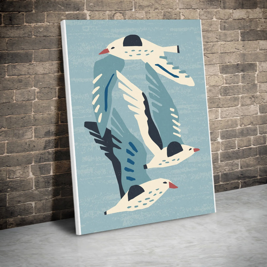Flying Seagulls Vertical Canvas | Minimalist Scandinavian Folk Art Birds | Premium Gallery Wrap Wall Art | Modern Coastal Home Decor Gift
