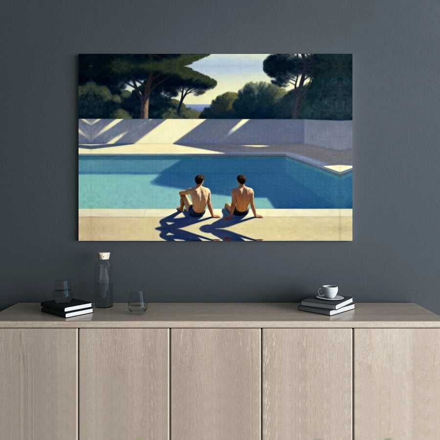 Two Men By Pool Canvas Art | Mid-Century Modern Swimming Scene | Premium 1.25” Gallery Wrap | Minimalist Home Decor Gift