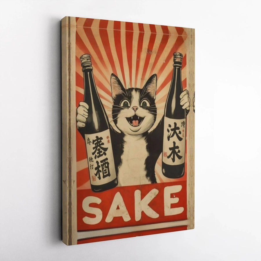 Japanese Sake Cat Wall Art | Vintage Retro Alcohol Poster | Premium Gallery Wrap Canvas | Unique Kitchen Decor Gift for Cat Lovers