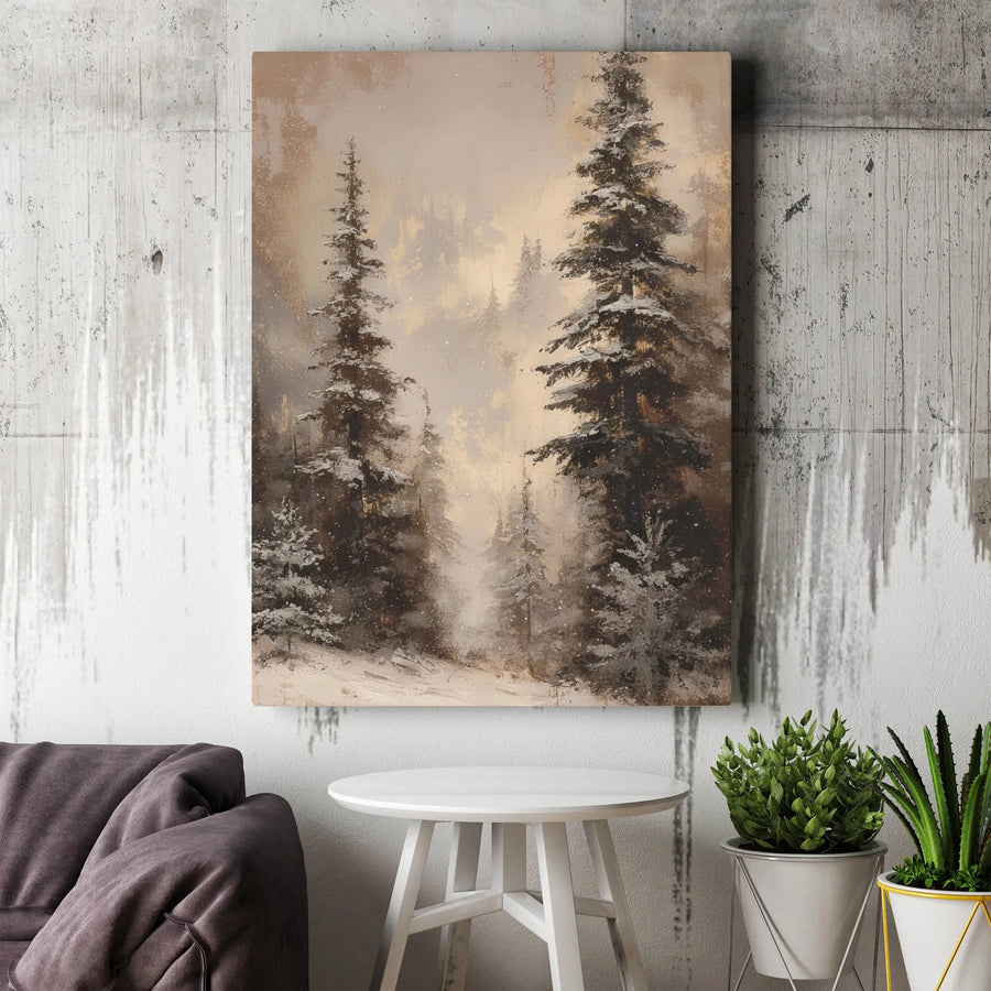 Misty Winter Forest Canvas Art | Snow-Covered Pine Trees Landscape | Premium Gallery-Wrapped Print | Nature-Inspired Home Office Decor Gift
