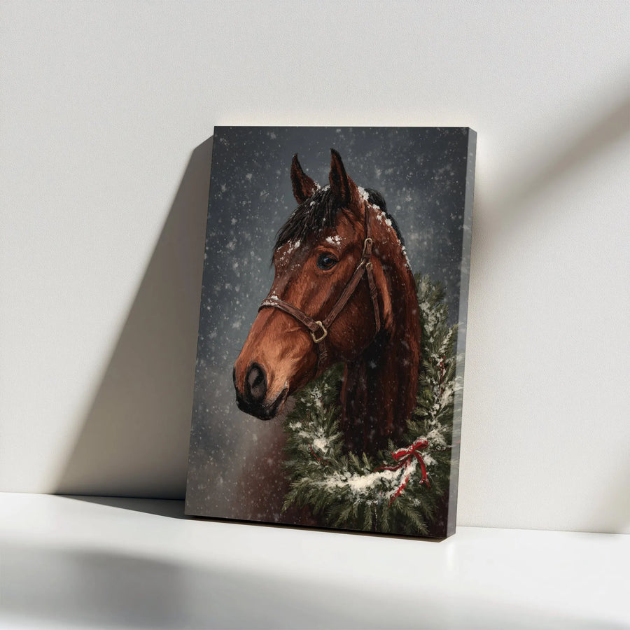 Christmas Horse Canvas Wall Art | Snowy Equestrian Winter Wreath Portrait | Premium Gallery Wrapped Decor | Holiday Gift for Horse Lovers