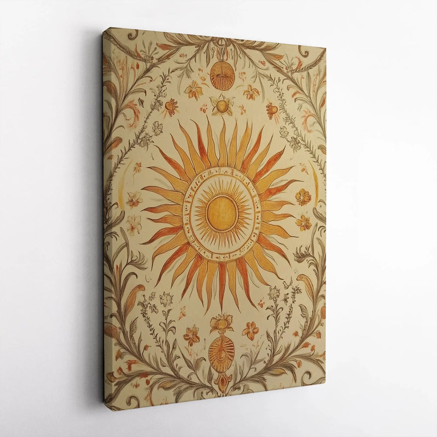 Celestial Sun Vertical Canvas | Vintage Astrology & Floral Illustration | Premium Frameless Canvas | Boho Wall Decor Gift for Her