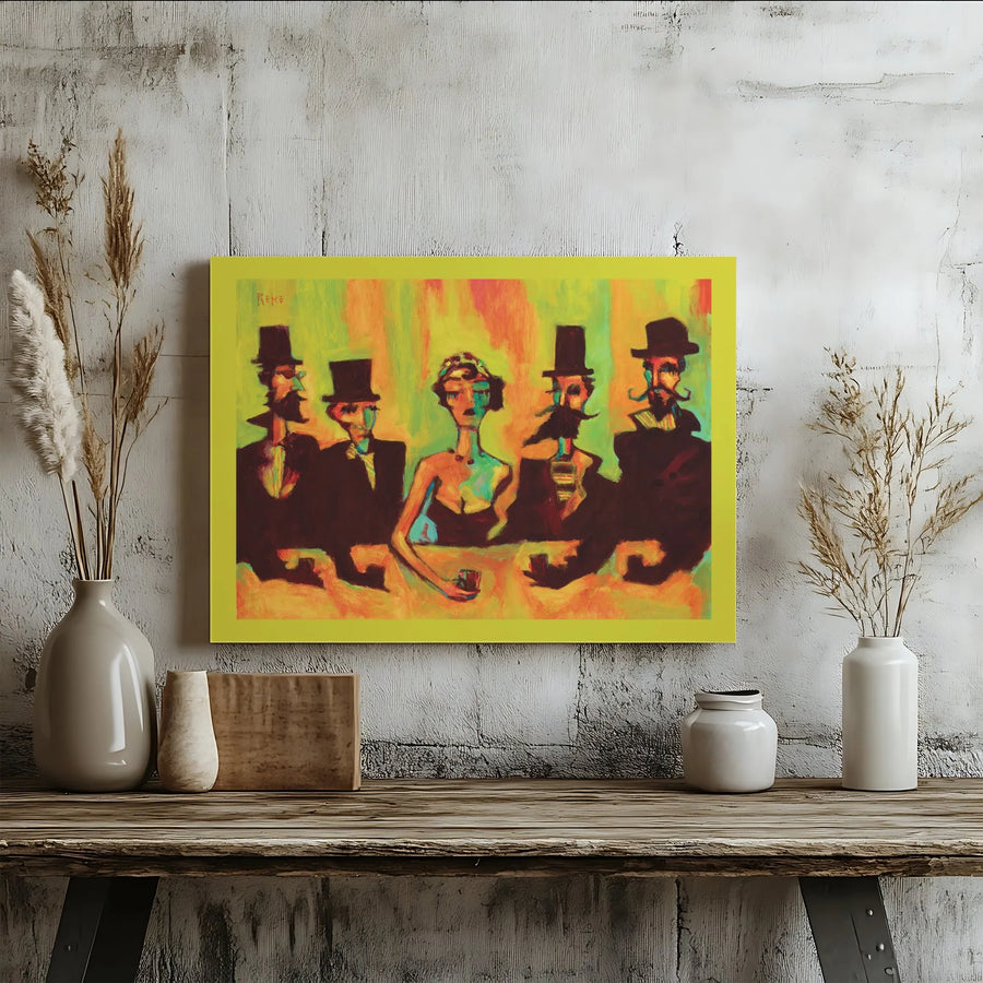 Expressionist Bar Scene Canvas Art | Vintage Top Hat Men Painting | Gallery Wrapped Premium Print | Unique Home & Office Decor Gift