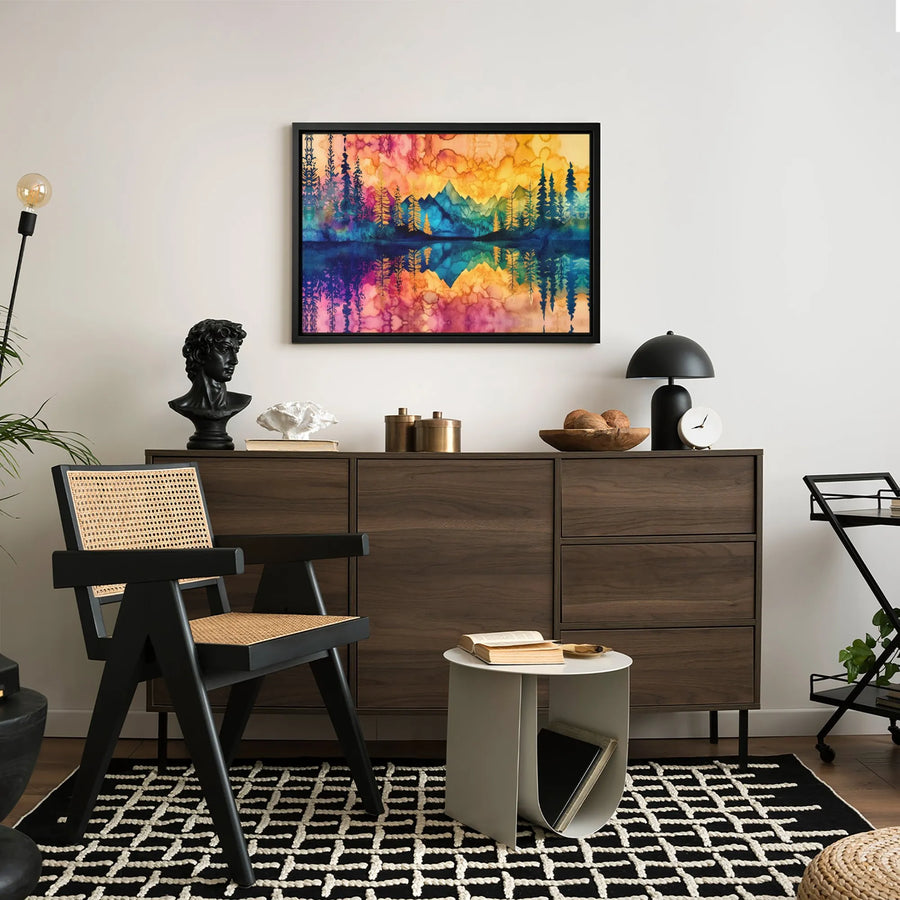 Colorful Mountain Forest Canvas Wall Art | Watercolor Lake Reflection Landscape | Premium Fade-Resistant Print | Modern Gallery Decor Gift