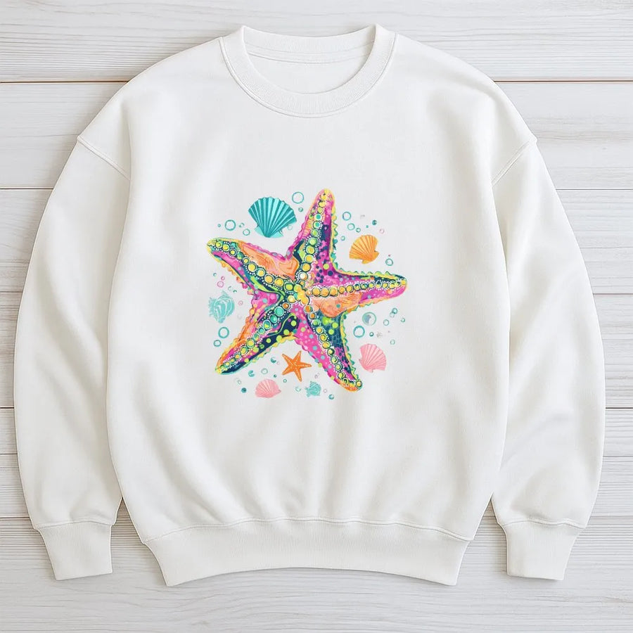 Starfish Sweatshirt | Colorful Coastal Preppy Graphic | Soft Cotton-Poly Blend | Summer Vacation Gift for Beach Lover