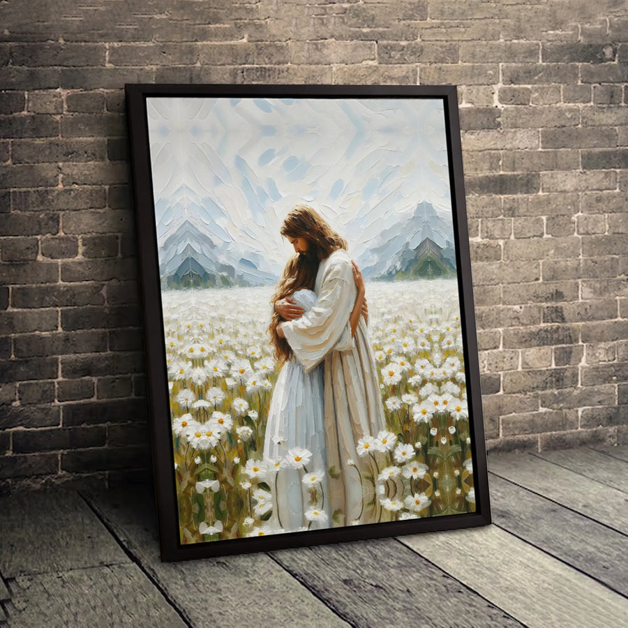 Jesus Embracing Girl Canvas Print | Religious Daisy Field Wall Art | Premium Gallery-Wrapped 1.25" Profile | Christian Home Decor Gift