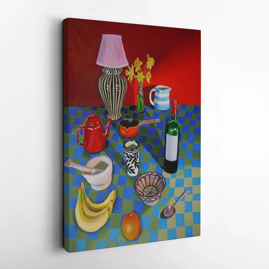 Still Life Canvas Print | Vibrant Kitchen Table Painting on Checkered Tablecloth | Premium Thick Gallery Canvas | Kitchen & Dining Room Wall Decor Gift
