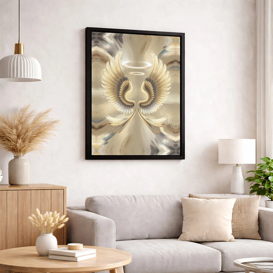 Golden Angel Wings Canvas Wall Art | Abstract Celestial Halo Decor | Premium 1.25-Inch Gallery Wrap | Spiritual Home and Office Wall Decor