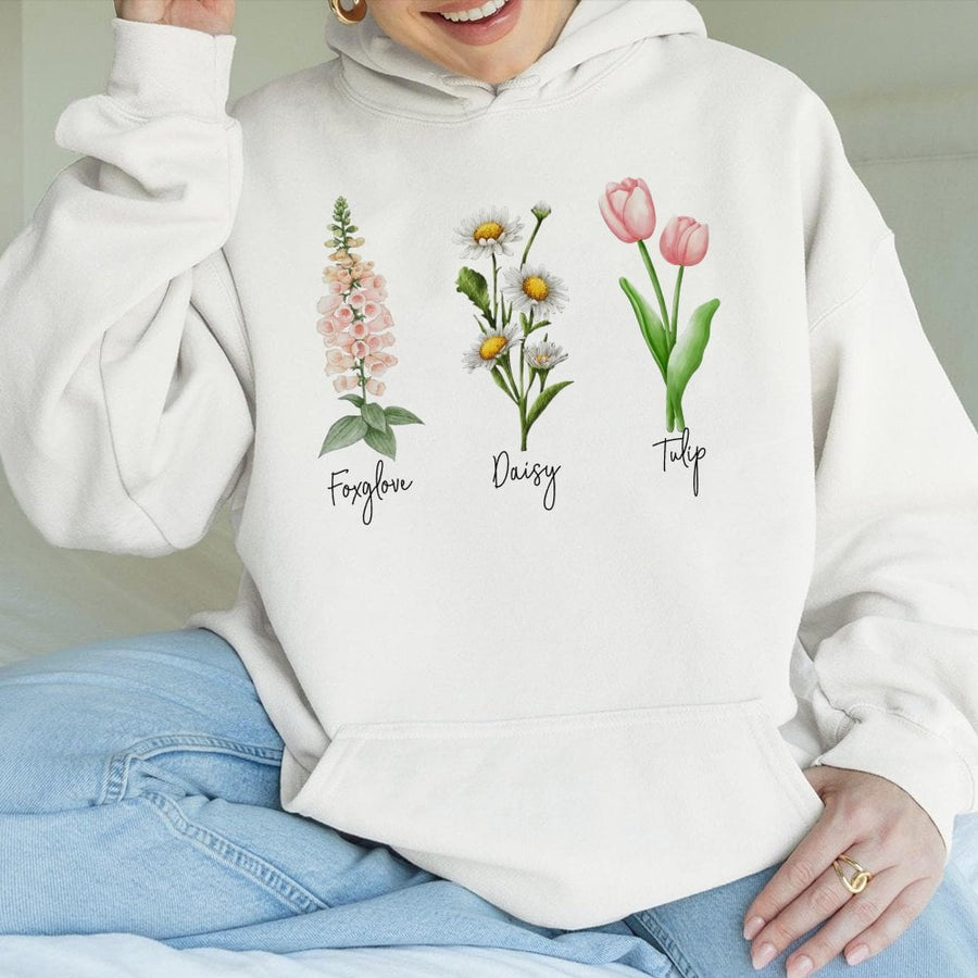 Botanical Flower Hoodie | Foxglove Daisy Tulip Floral Illustration | Premium Cotton-Poly Blend | Cozy Garden Aesthetic Gift for Nature Lovers