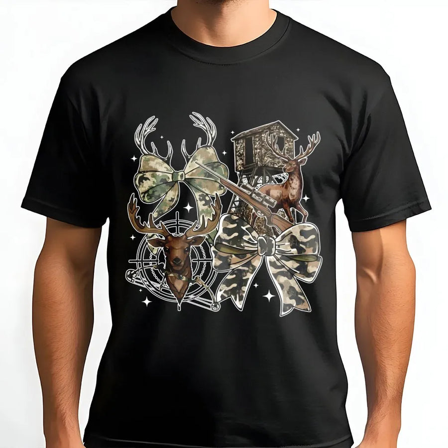 Hunting Season T-Shirt | Camo Bow Deer Hunter Graphic | Premium Cotton Unisex Apparel | Gift for Deer Hunters and Outdoor Enthusiasts