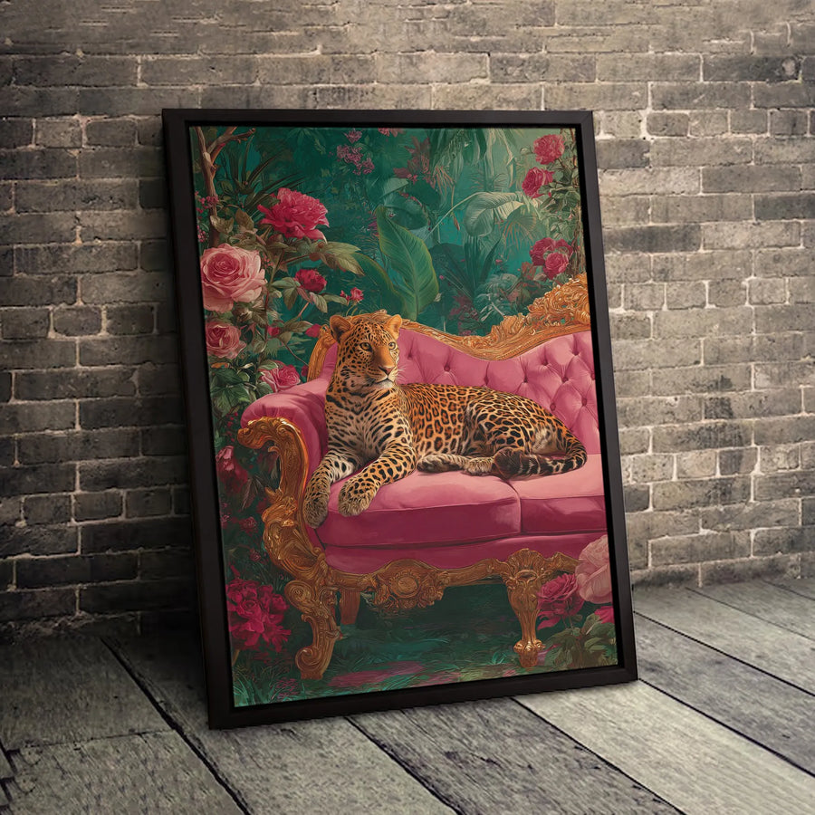 Leopard Canvas Wall Art | Ornate Pink Sofa Jungle Garden Print | Premium 1.25-inch Thick Gallery Wrap | Maximalist Home Decor Gift for Her