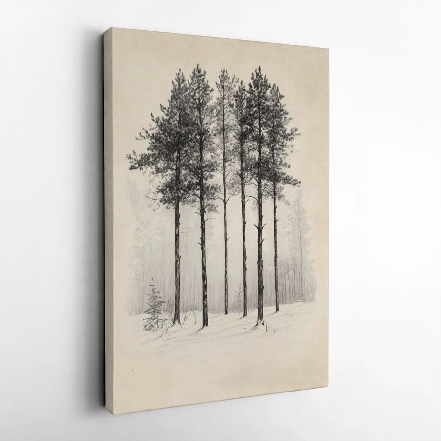 Winter Forest Canvas Art | Pine Tree Pencil Sketch | Gallery Wrapped Premium Print | Neutral Nature Home Decor Wall Hanging