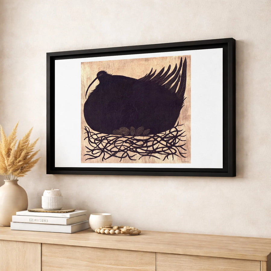 Black Bird Woodcut Canvas Wall Art | Stylized Nest and Eggs Print | Premium Gallery Wrap Decor | Minimalist Nature Home Office Gift