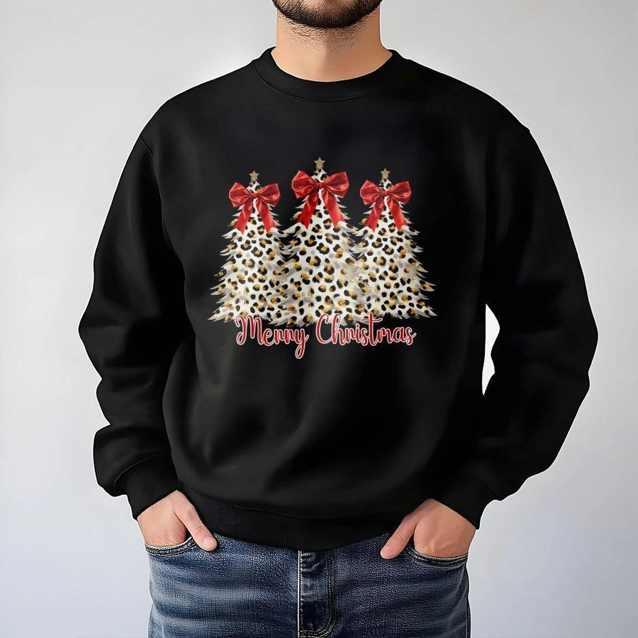 Leopard Print Christmas Tree Sweatshirt | Coquette Bow Holiday Graphic | Unisex Premium Cotton Blend | Merry Christmas Gift for Her