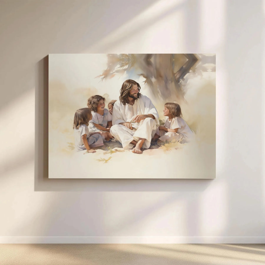 Jesus With Children Canvas Print | Watercolor Christian Wall Art | Premium Gallery Wrap Decor | Religious Home Gift for Nursery or Living Room