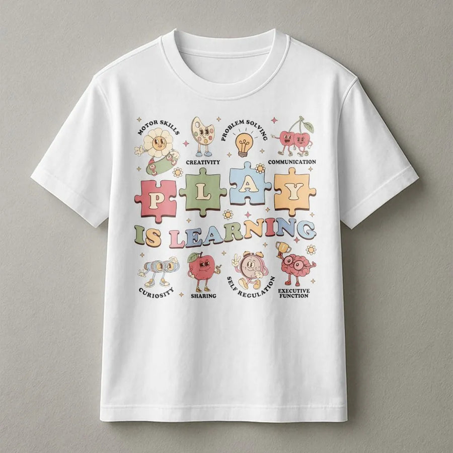 Play is Learning Teacher T-Shirt | Retro Play Based Learning Graphic | Soft Cotton Blend | Gift for Kindergarten & Preschool Educator