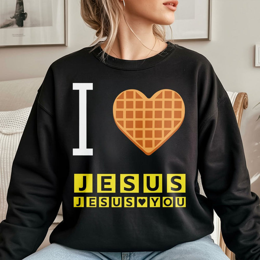 I Love Jesus Waffle Heart Sweatshirt | Faith Based Christian Graphic | Premium Cotton Blend | Religious Gift for Men and Women