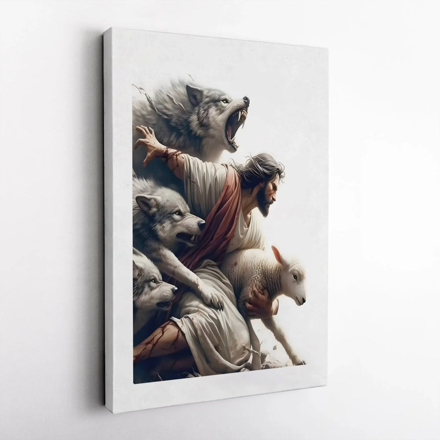 Jesus Protecting Lamb Canvas Print | Spiritual Religious Wall Art | 1.25 Inch Premium Gallery Wrap | Inspirational Christian Gift for Home Decor