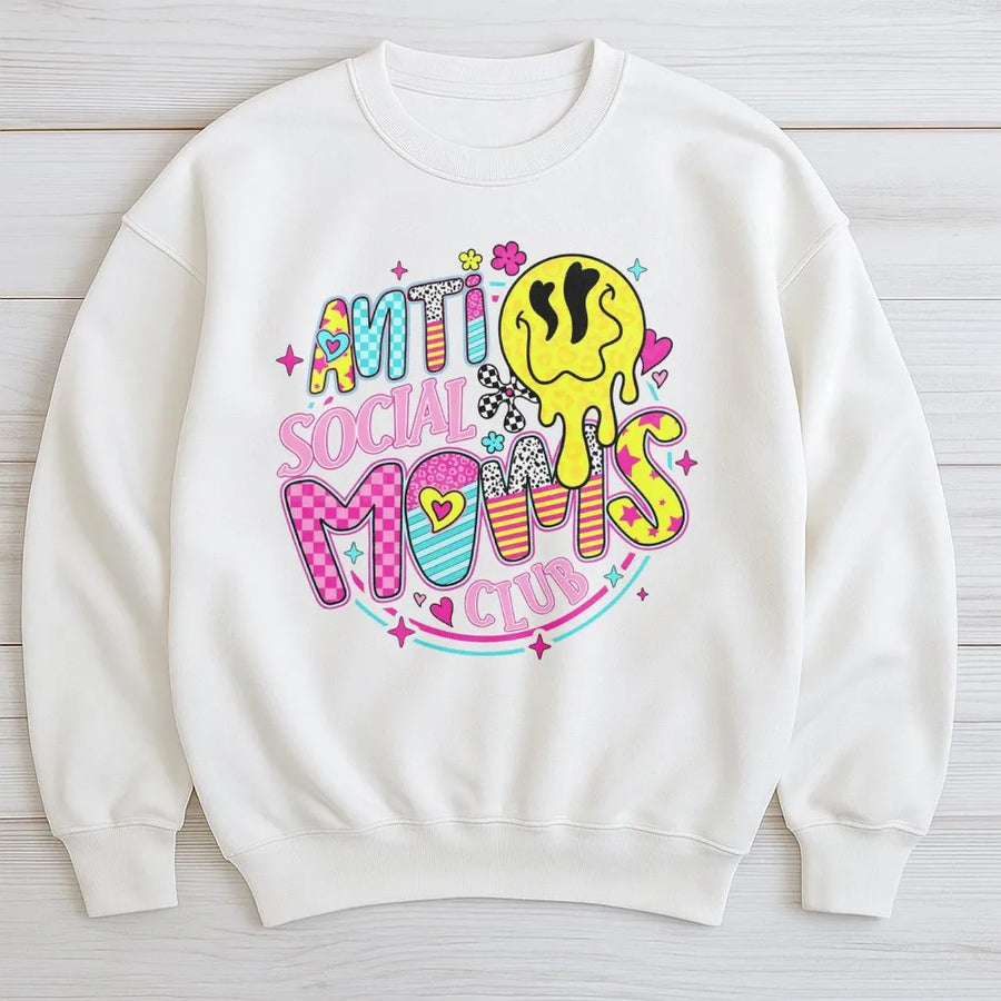 Anti Social Moms Club Sweatshirt | Retro Y2K Smiley Face Graphic | Premium Cotton Blend | Funny Motherhood Gift for Her
