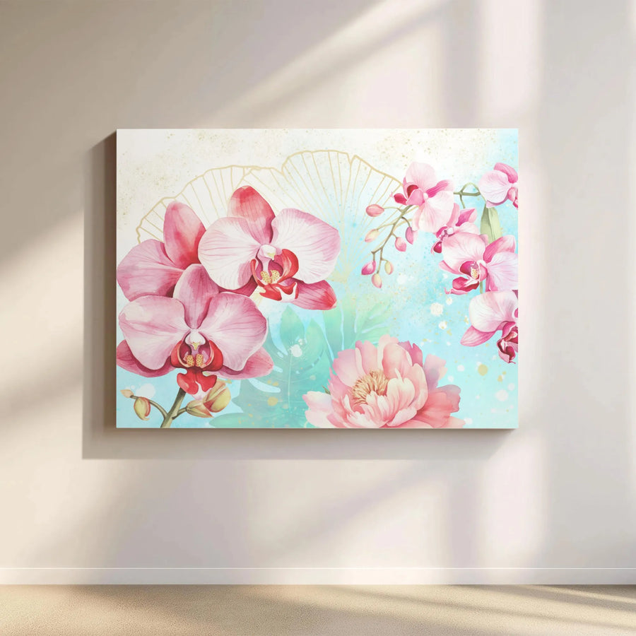 Watercolor Orchid And Peony Wall Art | Botanical Floral Canvas With Gold Accents | Premium Gallery-Wrapped Print | Elegant Home Decor Gift