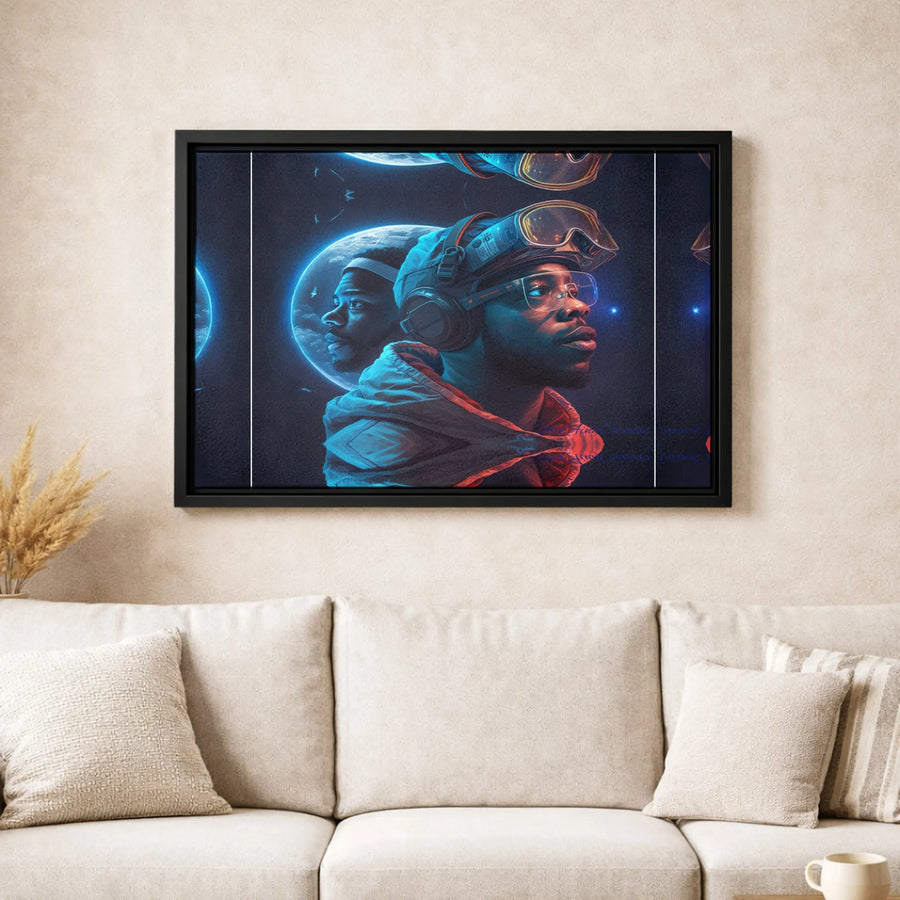 Afrofuturism Wall Art | Neon Cyberpunk Black Man Space Portrait | Premium 1.25" Gallery Canvas | Unique Gift for Tech and Sci-Fi Lovers
