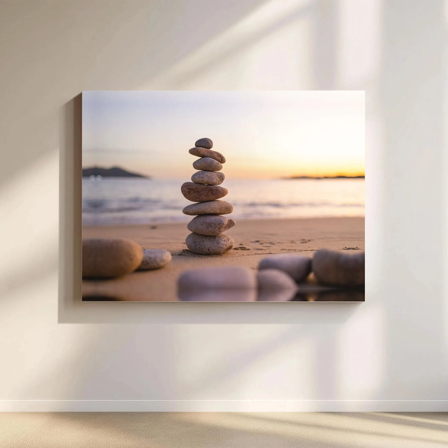 Zen Stone Stack Canvas Print | Balanced Rock Beach Sunset Art | Premium Gallery Wrapped Wall Decor | Serene Home Office Living Room Gift