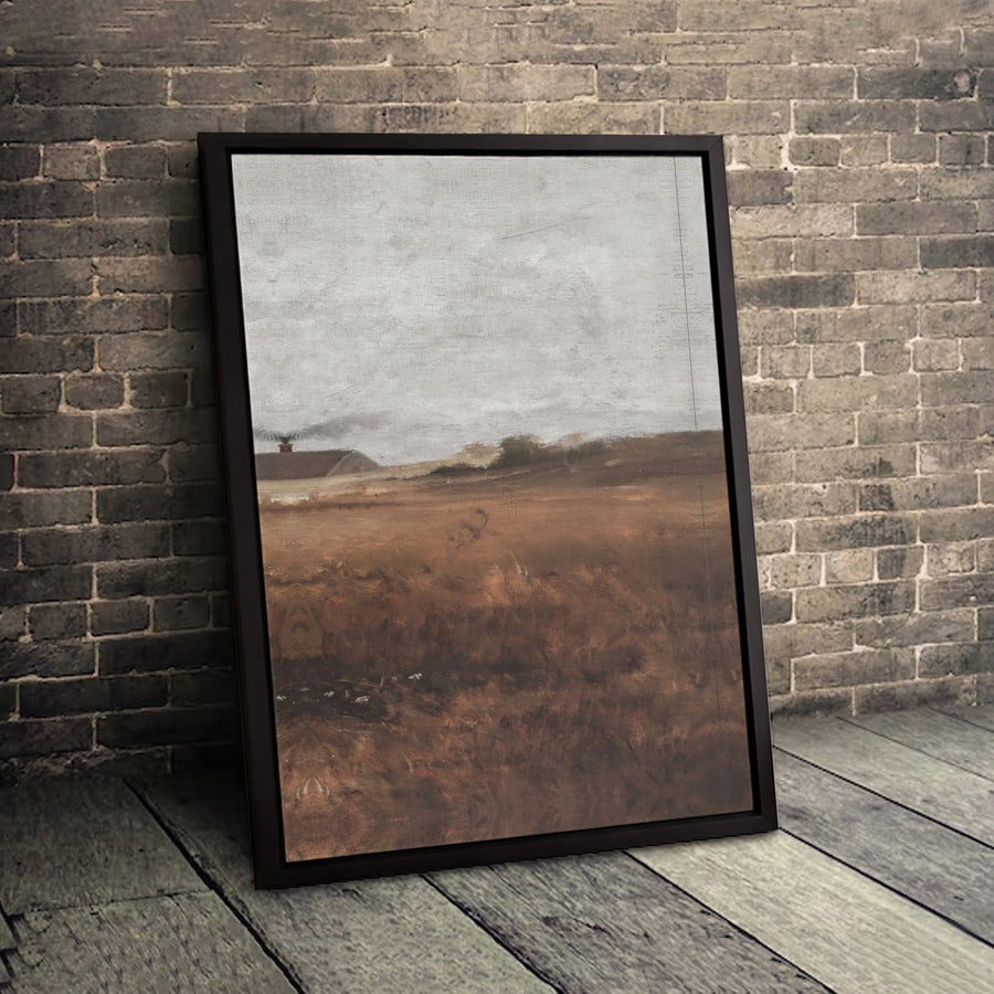 Impressionist Farmhouse Landscape Canvas Wall Art | Rustic Rural Field Print | Gallery Quality 1.25" Profile | Neutral Home Decor