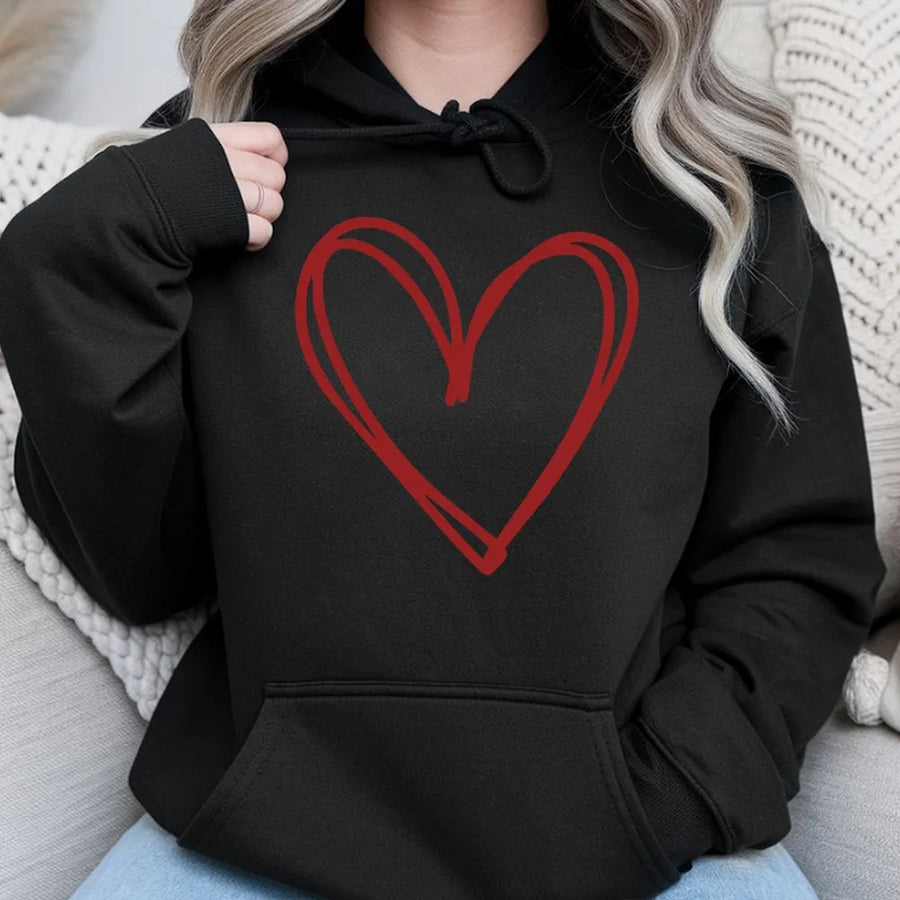 Cute Heart Hoodie | Minimalist Double Heart Sketch Design | Soft Cotton Blend Pullover | Valentine's Day Gift for Her, Women's Crewneck