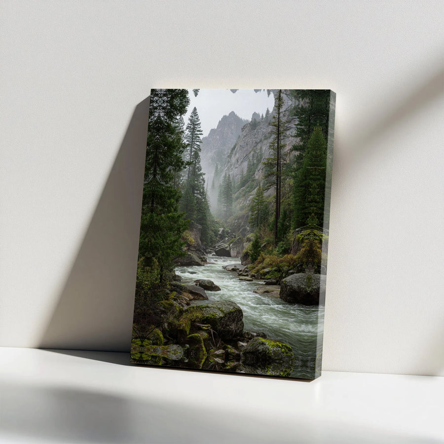 Mountain River Canvas Wall Art | Misty Pine Forest Landscape Print | Premium Gallery Wrapped Canvas | Rustic Cabin Decor for Nature Lovers