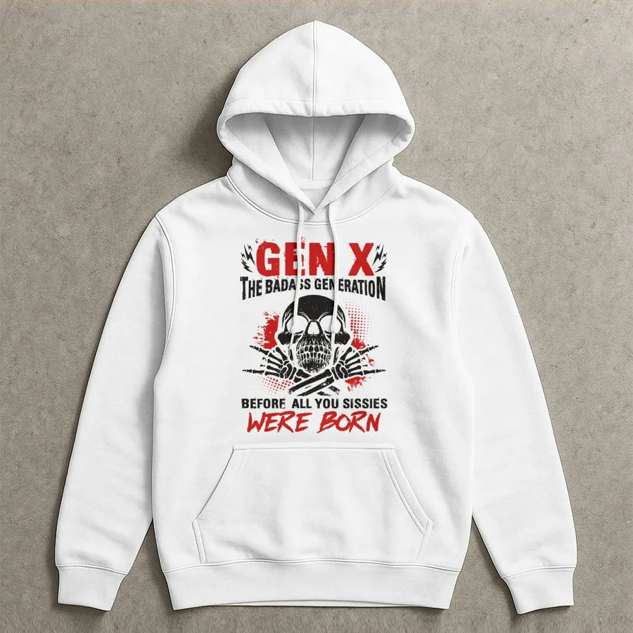 Gen X Hoodie | Funny Badass Generation Skull Graphic | Premium Cotton Blend Sweatshirt | Sarcastic Birthday Gift for Men & Women