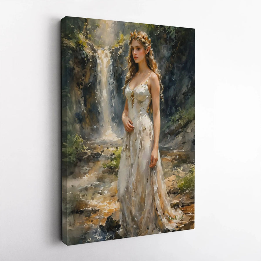 Elf Princess Canvas Wall Art | Ethereal Forest Waterfall Scene | Premium Gallery Wrapped Canvas | Fantasy Lover Gift & Mythical Home Decor