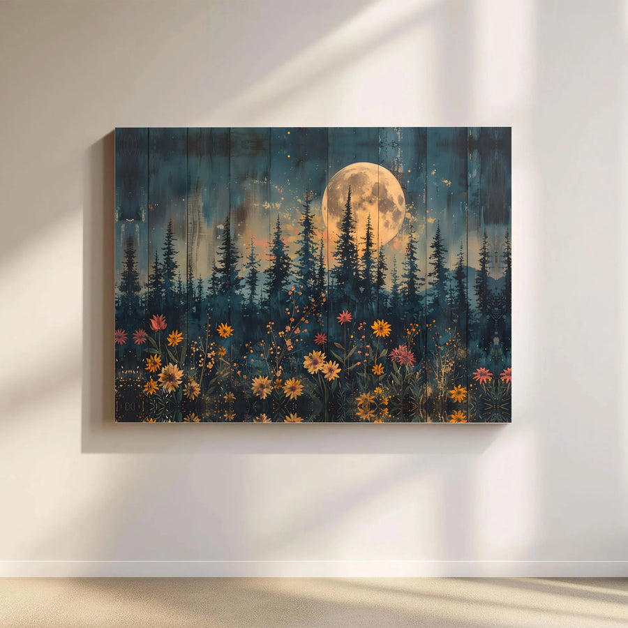 Full Moon Pine Forest Wall Art | Rustic Wildflower Field Canvas Print | 1.25" Gallery Wrap | Nature Landscape Decor for Living Room