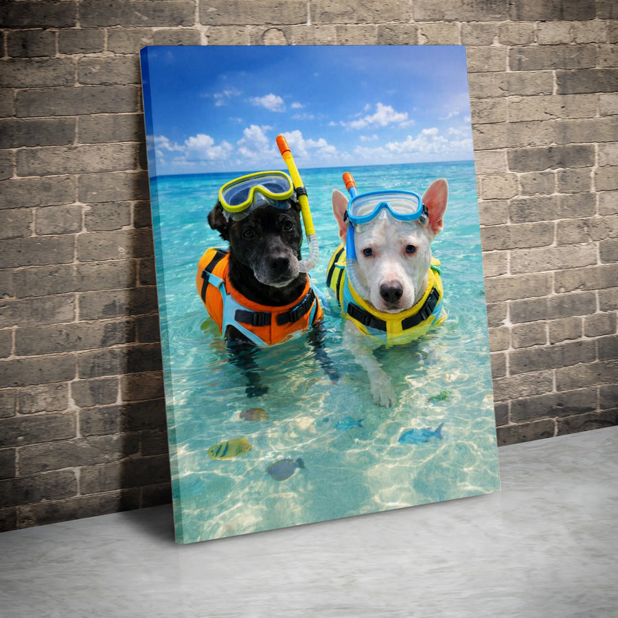 Snorkeling Dogs Canvas Wall Art | Funny Tropical Beach Scene | Premium Gallery Wrap Canvas | Gift for Dog Lover & Coastal Home Decor
