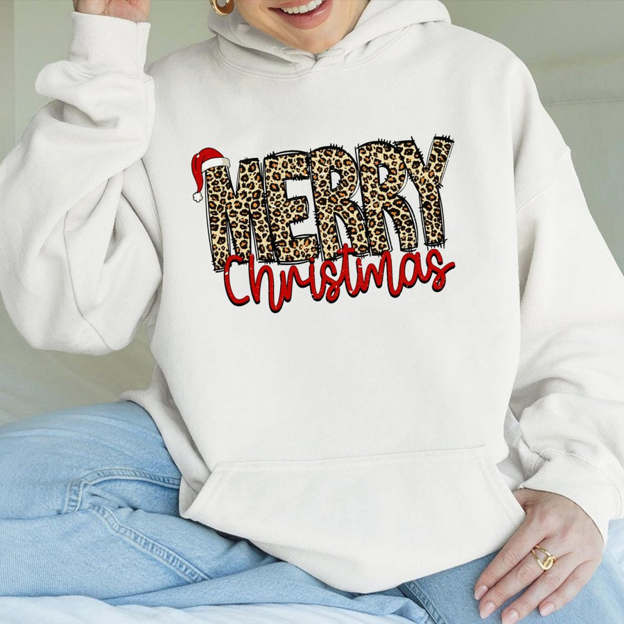 Merry Christmas Hoodie | Leopard Print Graphic with Santa Hat | Premium Cotton-Poly Blend | Cozy Holiday Gift for Women and Men