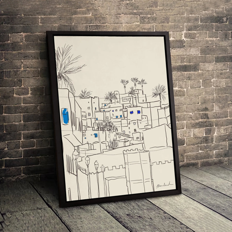 Moroccan Medina Canvas Art | Minimalist Line Drawing with Blue Accents | Gallery Quality 1.25" Wrap | Premium Travel-Inspired Home Decor