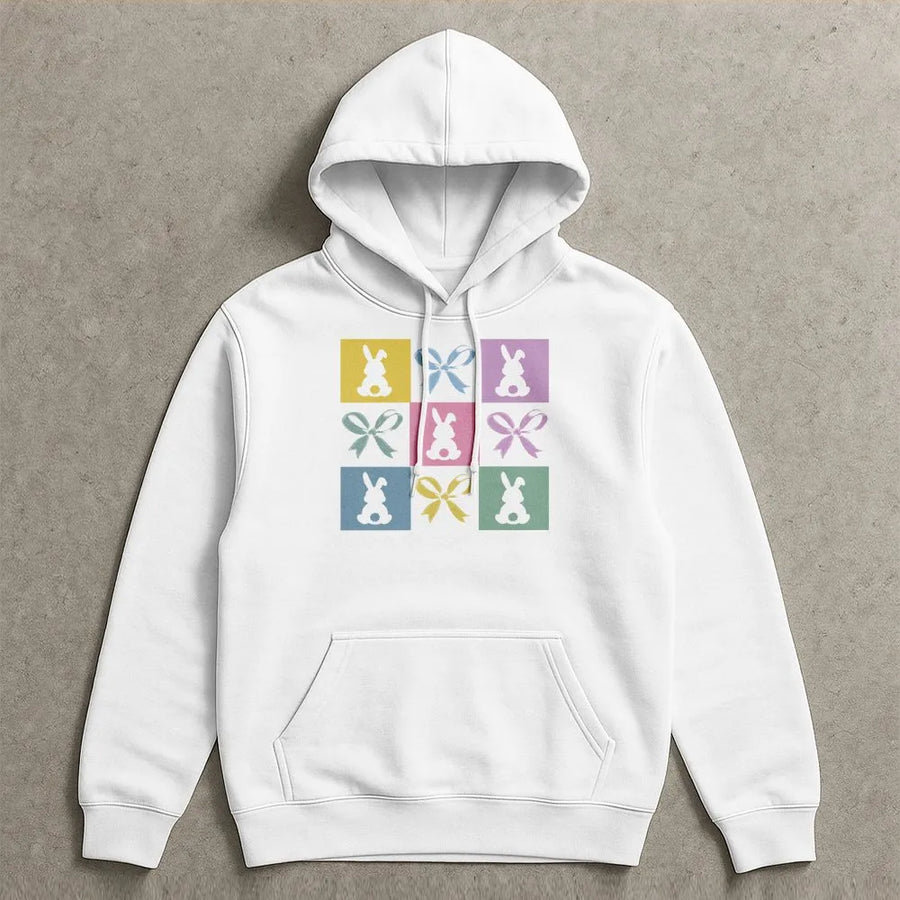 Easter Bunny Hoodie | Pastel Checkered Rabbit & Bow Graphic | Cotton-Blend Premium Comfort | Cute Spring Holiday Gift For Women