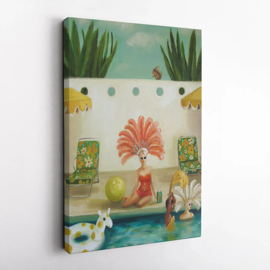 Retro Poolside Party Vertical Canvas | Surreal Mid Century Pool Scene | Premium High-Resolution Canvas Print | Eclectic Wall Art Gift
