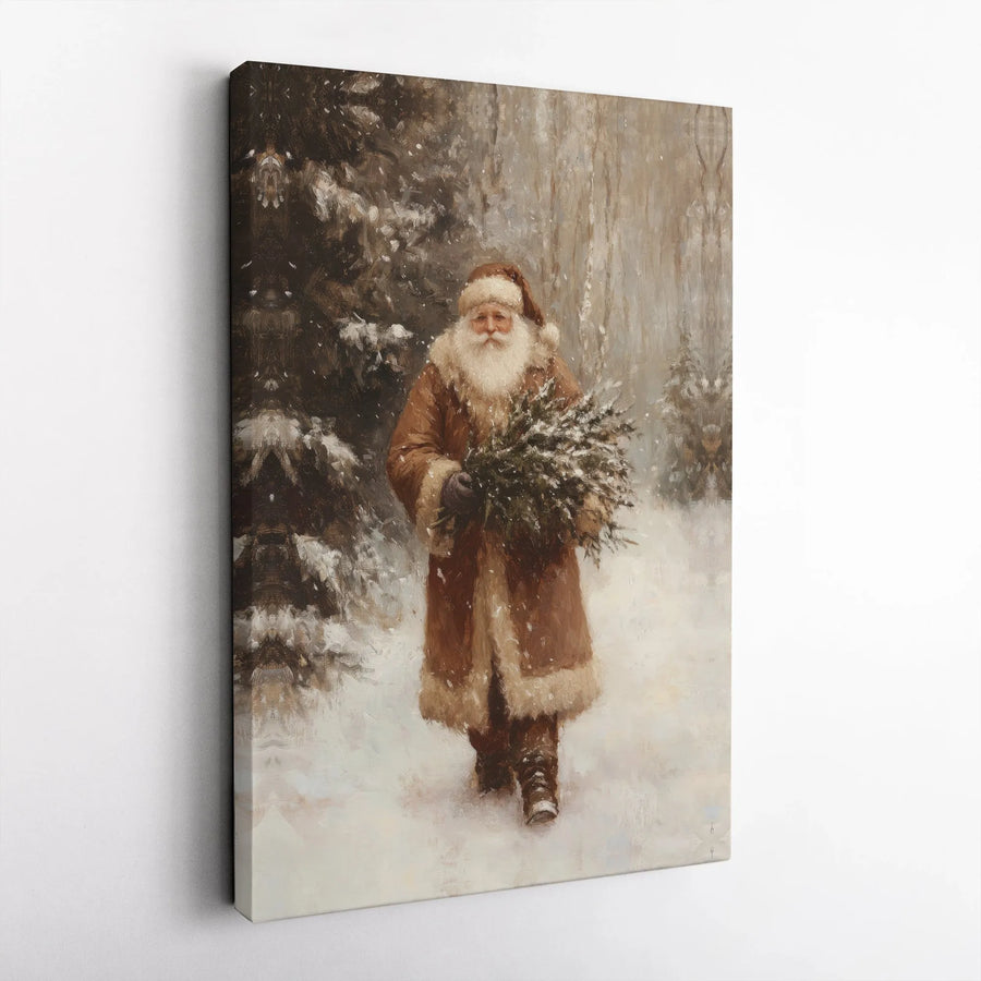 Vintage Santa Claus Wall Art | Brown Coat Christmas Forest Scene | Premium Gallery-Wrapped Canvas | Festive Holiday Home Decor Gift
