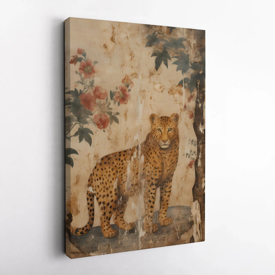 Leopard Floral Canvas Wall Art | Vintage Distressed Animal Painting | 1.25-Inch Gallery Wrap | Bohemian Home Decor Gift