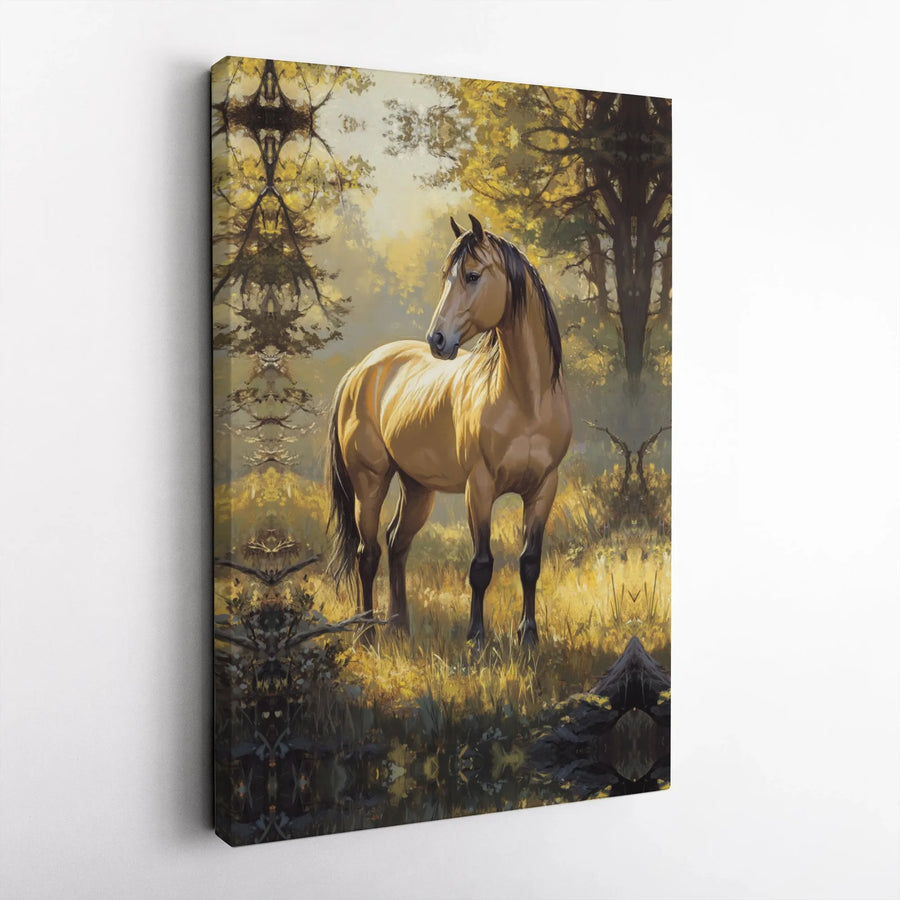 Majestic Horse Canvas Wall Art | Sunlit Autumn Forest Oil Painting Style | Premium Gallery Wrap Decor | Equestrian Home Gift for Nature Lovers