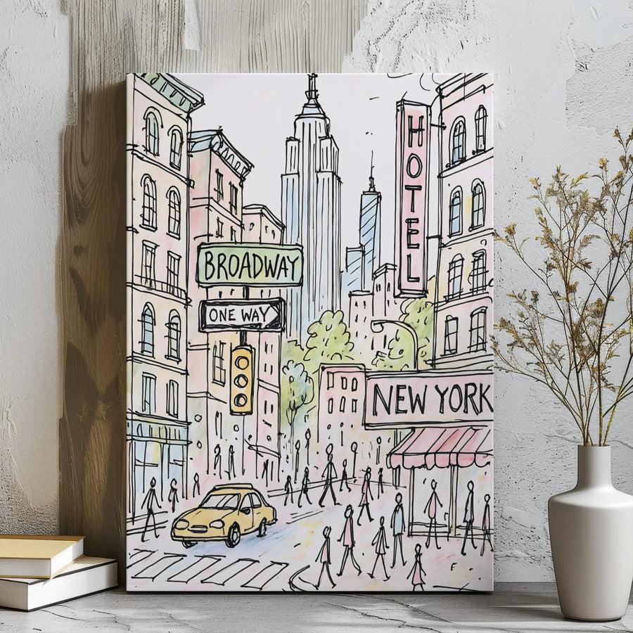 New York City Street Sketch Canvas | Broadway Yellow Taxi Wall Art | Premium Gallery Wrap Print | NYC Travel Decor Gift for Travelers