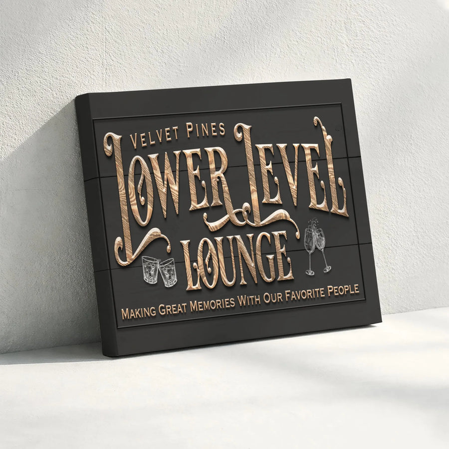 Lower Level Lounge Canvas Sign | 3D Faux Wood Grain Text Wall Art | Premium Canvas Print | Man Cave & Basement Bar Decor Gift
