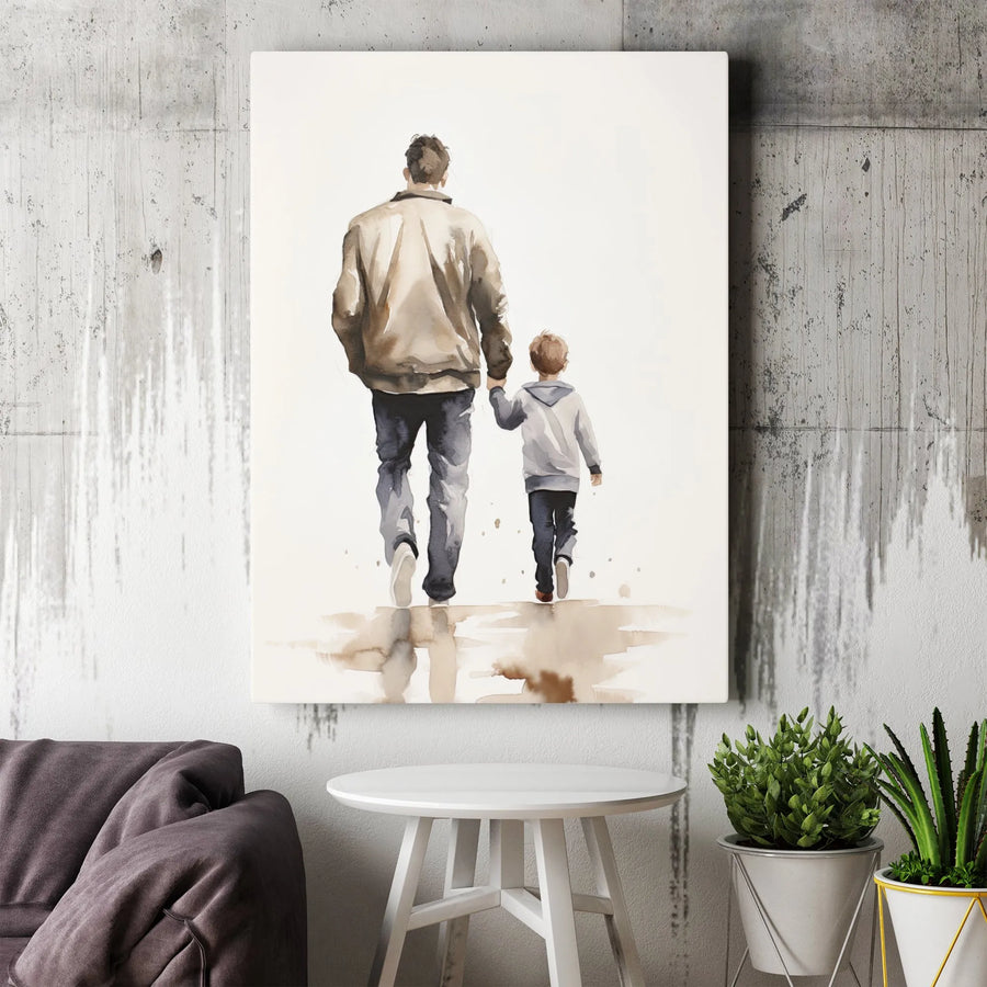 Father and Son Watercolor Canvas Print | Minimalist Parenting Art | 1.25 Inch Gallery Wrap | Sentimental Gift for Dad or First Time Father