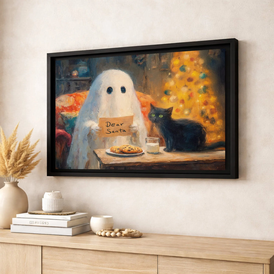Ghost Christmas Canvas Print | Whimsical Black Cat Dear Santa Oil Painting | Gallery-Wrapped Premium Wall Art | Festive Holiday Decor Gift